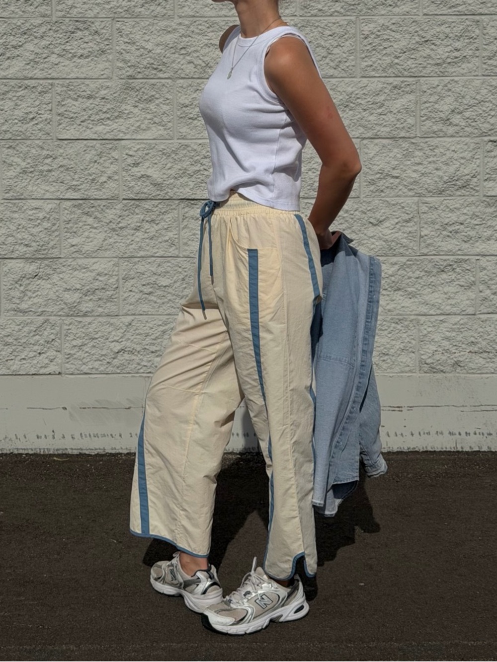 Cream/Blue Y2K Baggy Wide Leg Track Pants - Size S - Picture 2 of 5